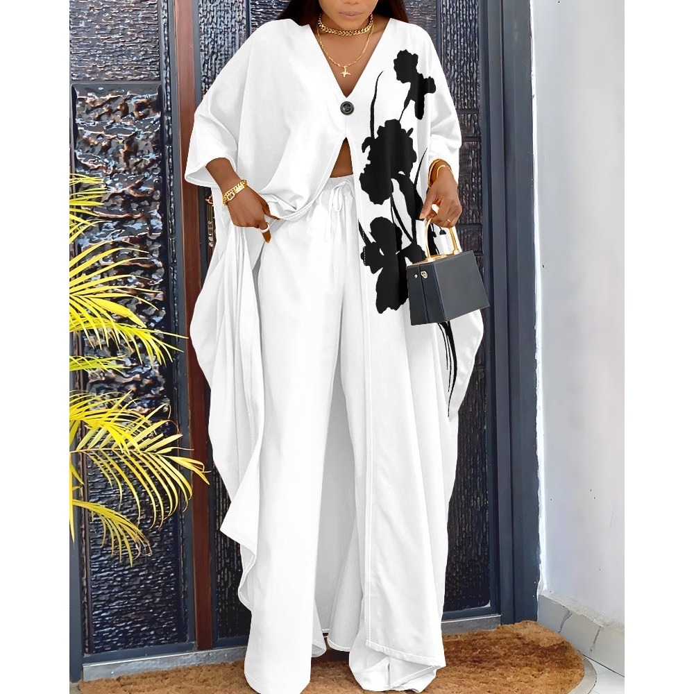 White Floral-Accent Wide Leg Jumpsuit Set